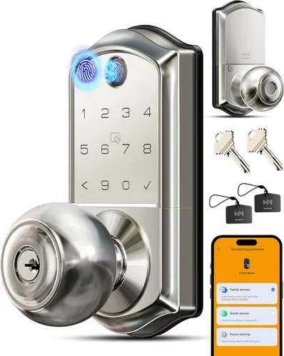 Veise VE018 - Cerradura inteligente con manija de perilla, huella digital, control de aplicación, entrada sin llave para puerta delantera y Níquel