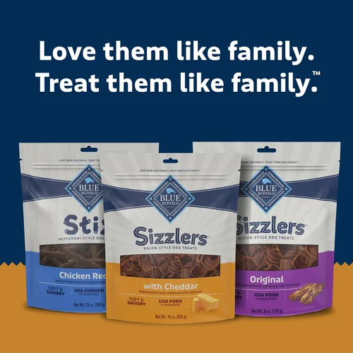 Miniatura 9 de Blue Buffalo Sizzlers Golosinas para perros estilo tocino con cerdo real de Estados Unidos, sabor cheddar, bolsa de 15 onzas