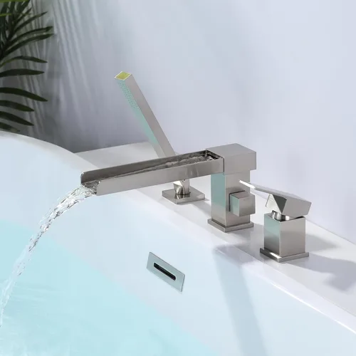 Miniatura 6 de Grifo de llenado de bañera romana en cascada, relleno de bañera de montaje en cubierta con boquilla giratoria de 360°, grifo de bañera de 3 agujeros