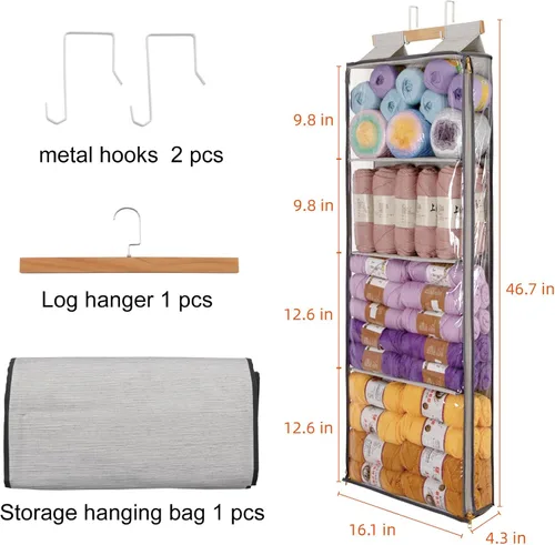 Miniatura 2 de Almacenamiento de hilo colgante con 4 bolsillos grandes, organizador de tejido transparente con cremalleras para los amantes del ganchillo, soporte