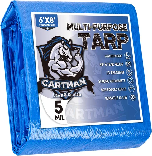 CARTMAN Tamaño final 6x8 pies, lona azul de polietileno de 5 mil de grosor, cubierta protectora multiusos para acampar, tienda de campaña, barco,
