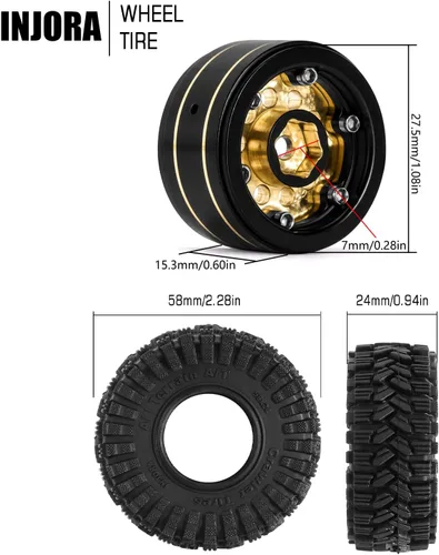 Miniatura 3 de Juego de neumáticos de rueda Beadlock de 1.0 de latón con revestimiento negro INJORA para Axial SCX24 AX24 TRX4M FCX24, actualización 1/24 1/18