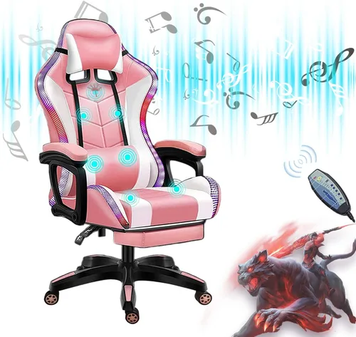 Miniatura 10 de Silla de juegos para adultos con reposapiés y masaje, silla de videojuegos con altavoces y luces LED RGB, piel sintética, sillas ergonómicas
