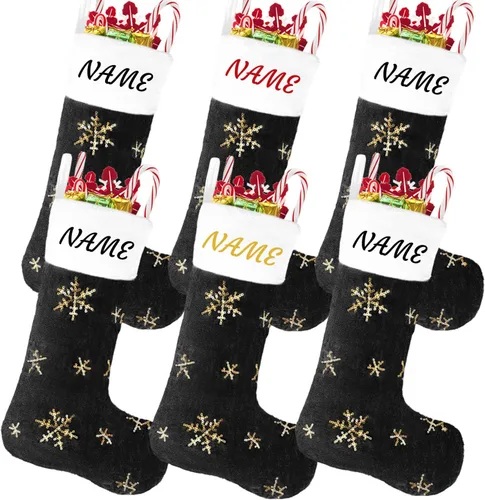 Miniatura 19 de Calcetines negros de piel sintética de Navidad, 1 paquete grande de 22 pulgadas, medias colgantes de felpa negra con nombre personalizado con copos