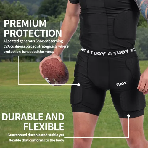 Miniatura 7 de Faja de fútbol acolchada para hombre, 5 almohadillas, almohadillas de fútbol integradas con protector de muslos para fútbol y béisbol
