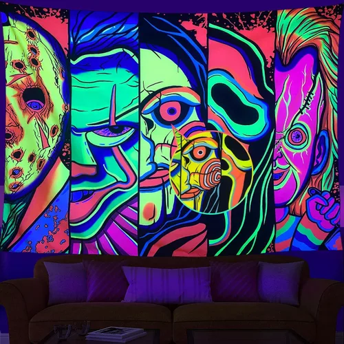 Miniatura 9 de Tapiz de Cara de Terror Blanco y Negro Trippy para Colgar en la Pared, Decoración de Halloween, Tapiz de Fiesta para Dormitorio, Sala de Estar