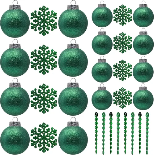 Miniatura 3 de Adornos de Navidad verdes – Juego de 32 piezas de decoraciones de plástico inastillables para árbol de Navidad, 16 bolas de nieve con purpurina