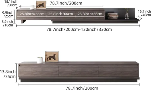 Miniatura 2 de Soporte de TV extensible moderno Mid-Century con 3 cajones, centro de entretenimiento ajustable para sala de estar y dormitorio (79 a 130 pulgadas)