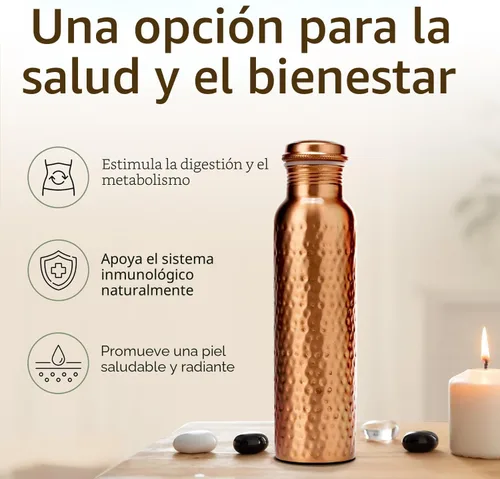 Miniatura 5 de Botella de agua de cobre puro 100% CLEO HOME para beber, botella de cobre ayurvédica martillada de 32 onzas para agua potable A prueba de fugas