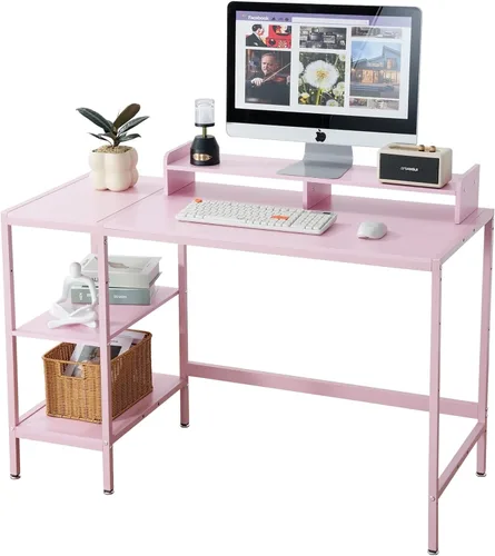 Miniatura 16 de MINOSYS Escritorio para computadora de 55 pulgadas con estante de almacenamiento - Rosa, ideal para dormitorios, espacios pequeños y oficinas