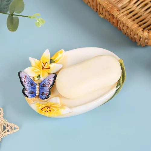 Miniatura 2 de Jabonera de cerámica, para baño, bañera y fregadero de cocina, diseño 3D de mariposa y lirio