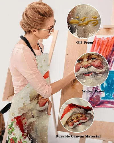 Miniatura 4 de Christmas Bib Aprons with Pockets Waterproof, Adjustable Apron for Men Women Xmas Santa Berry Botanical Winter Snowflake