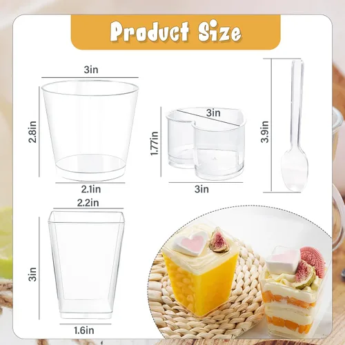Miniatura 4 de Paquete de 360 tazas de postre de 5 onzas y 6 onzas con tapas y cucharas, 3 estilos de vasos de plástico transparente para aperitivos, desechables