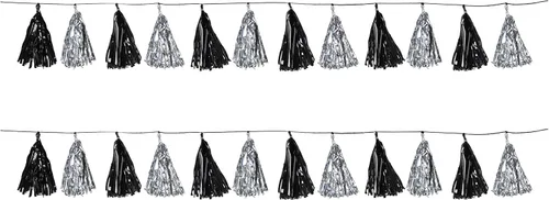 Beistle 2 guirnaldas de borlas metálicas, 9.75 pulgadas x 8 pies, decoraciones NYE, suministros para fiesta de graduación, pancarta de noche de