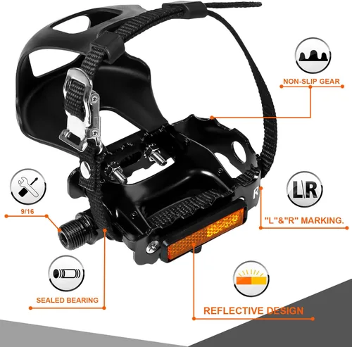 Miniatura 2 de Pedales de Bicicleta Bucklos con Jaulas y Correas para Dedos del Pie - Jaulas de Clips para Dedos de Bicicleta Compatible con Bicicleta de Negro
