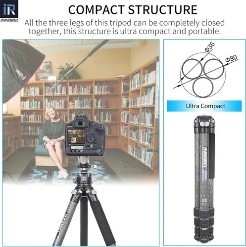 Miniatura 5 de INNOREL KT364C - Trípode compacto de fibra de carbono de 10 capas, 1.417 in, tubo grande, trípode de viaje profesional para videocámara digital Solo