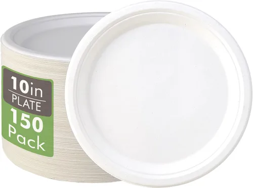 Vplus 150 unidades de platos desechables de papel compostables de 10.25 pulgadas, platos de papel súper resistentes 100% bagazo natural Blanco