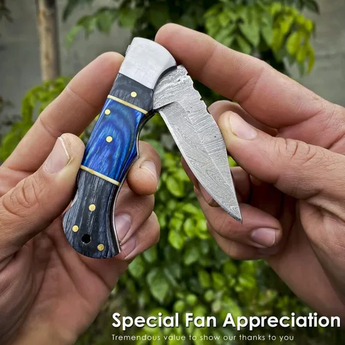 Miniatura 6 de AR Damascus - Cuchillo plegable de bolsillo hecho a mano para supervivencia al aire libre, hecho de mango de madera y acero de Damasco, junto