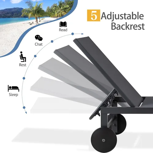 Miniatura 3 de QAQA - 2 tumbonas para exteriores con ruedas, silla de aluminio para patio con 5 posiciones ajustables para piscina, playa, patio, gris oscuro