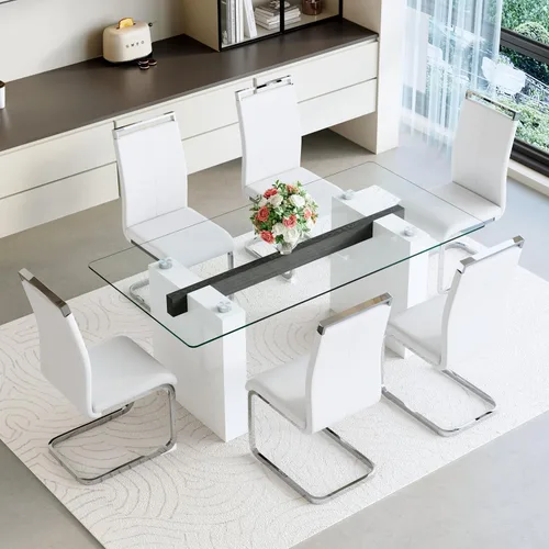 Miniatura 8 de FURNITO Mesa de comedor de vidrio de 71 pulgadas para 6 a 8,0,39 pulgadas de superficie de vidrio grueso con mesa de comedor de pedestal de MDF Mesa