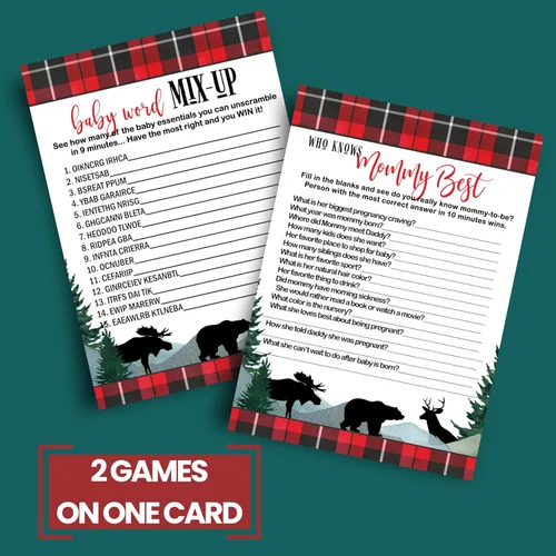 Miniatura 4 de Lumberjack Baby Shower Juego Bundle (25 invitados) Incluye Who Knows Mommy Best, Word Scramble, Animal Matching, Candy Guessing – Oso rústico, alces