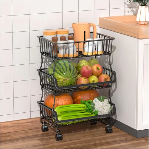 Miniatura 9 de Gsiekare Cesta de frutas y verduras para cocina, cestas de almacenamiento de 4 niveles apilables con ruedas, cestas organizadoras de almacenamiento