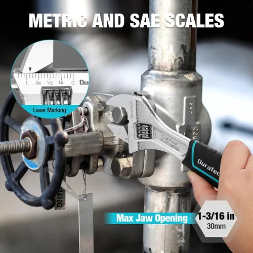 Miniatura 5 de DURATECH Llave de acero Cr-V ajustable de 8 pulgadas, llave de mandíbula ancha, básculas métricas y SAE, para el hogar, garaje, taller y bricolaje
