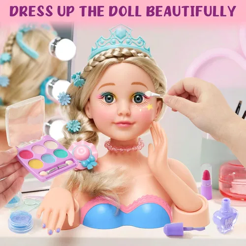 Miniatura 7 de Golray Kit de maquillaje de cabeza de muñeca para peinar, arte de uñas, juguetes para niñas, juguete de peluquería/cosméticos reales esmalte