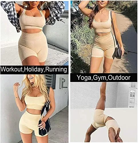 Miniatura 4 de TWFRHC - Conjuntos de entrenamiento para mujer con tirantes acanalados, 2 piezas, sin costuras, cintura alta, para gimnasio, pantalones cortos