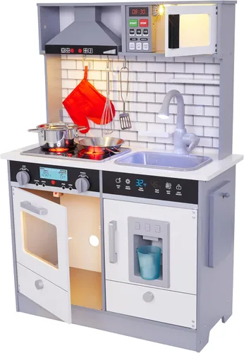 Miniatura 9 de Lil' Jumbl Juego de cocina pequeño blanco para niños, cocina de madera de simulación, incluye campana extractora, microondas, estufa, horno que hace