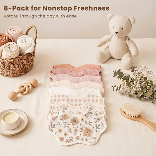 Miniatura 6 de Konssy Baberos de muselina para bebé, paquete de 8 unidades, 100% algodón absorbente, bandana baberos para dentición y babeo, unisex para niños