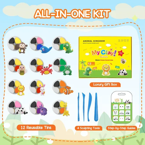 Miniatura 6 de Arcilla seca al aire para niños, kits de arte de arcilla de aire, 12 cajas con temática de animales, kit de arcilla para modelar secado al aire