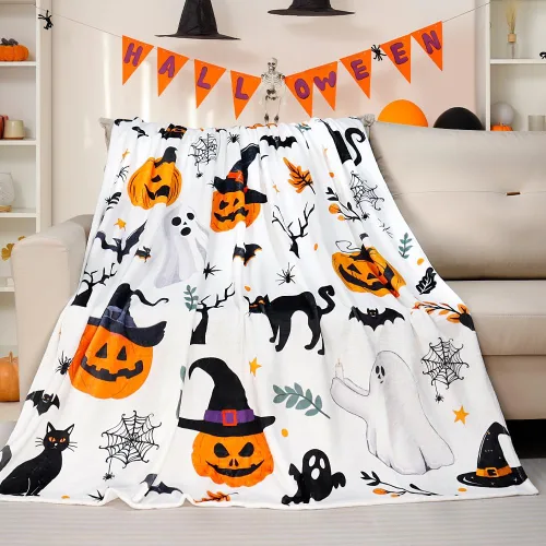 Tupmnbry Manta de Halloween con estampado de calabaza, fantasma, gato, manta de franela súper suave, manta de cama ligera y esponjosa para cama,