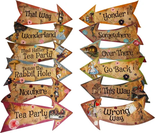 Alicia en el país de las maravillas - Letreros de flecha estilo vintage, sombreros locos para fiesta de té, paquete de 12 carteles