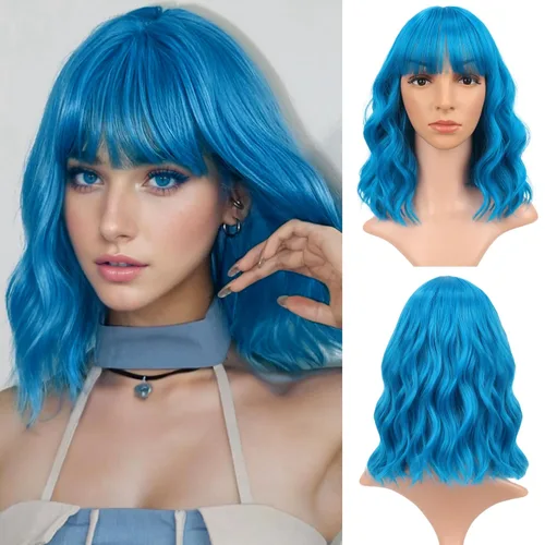 Miniatura 14 de VCKOVCKO Peluca natural ondulada rosa pastel, pelucas coloridas con flequillo de aire, pelucas cortas estilo Bob para mujer, pelucas largas hasta