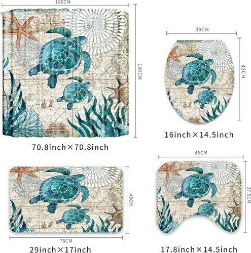 Miniatura 3 de Juegos de Baño Náutico Azul con Cortina de Ducha y Alfombras y Accesorios, Juegos de Cortina de Ducha de Tortuga Marina con 12 Ganchos, Juego