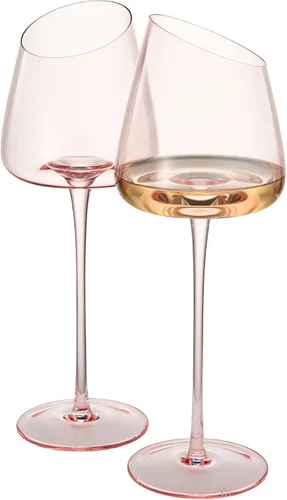 Miniatura 5 de Khen Copas de vino rosa, regalo Juego de 2 Cristalería inclinada de 18 onzas color rubor rosa, vidrio de tallo alto, regalos para esposa, novia