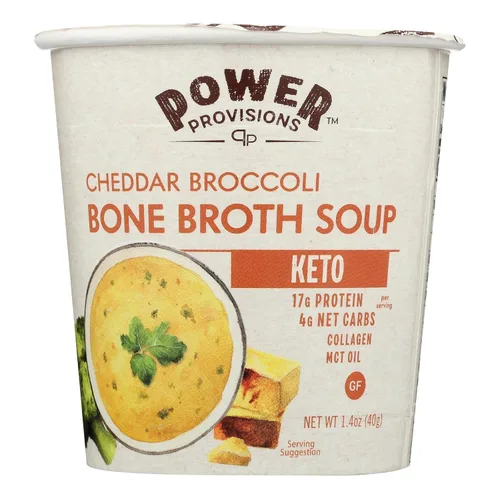Power Provisions Tazas de Caldo de Hueso de Cheddar y Brócoli - Taza de Sopa Instantánea Keto - Infundido con Colágeno y 17g de Proteína - Sopa Sin