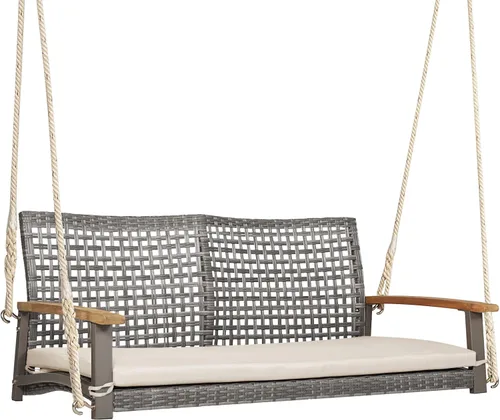 Happygrill Silla de columpio para patio para 2 personas, banco oscilante de ratán al aire libre con reposabrazos de madera de acacia y dos cuerdas