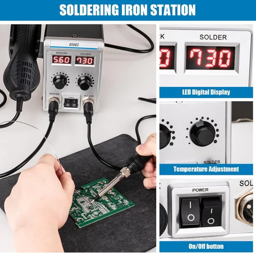Miniatura 4 de 8586D Estación de soldadura 2 en 1, estación de retrabajo de aire caliente SMD, pantalla digital dual LED con pistola de calor y kit de soldadura