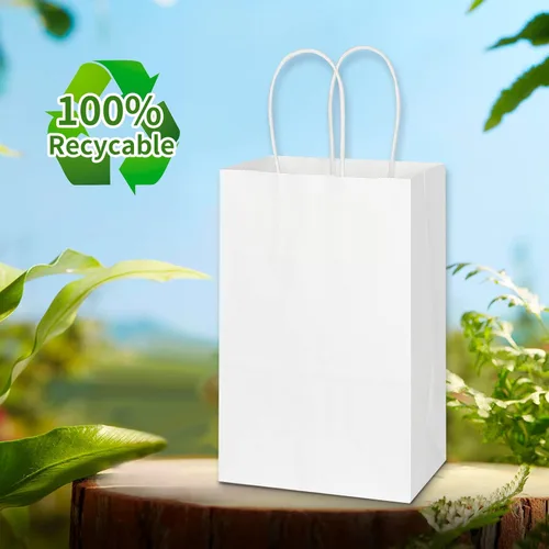 Miniatura 4 de Toovip Paquete de 50 bolsas pequeñas de papel kraft blanco de 5.25 x 3.25 x 8.25 pulgadas con asas a granel, bolsas de envolver regalos