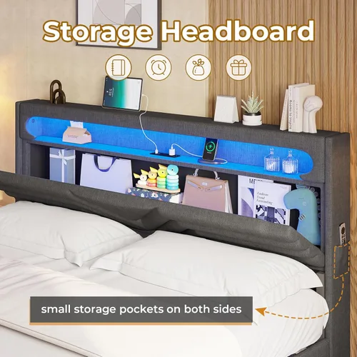 Miniatura 4 de HAUOMS Marco de Cama Completamente Flotante Tamaño Full con Cabecera de Luz LED, Estación de Carga Type-C y USB, Marco de Cama Plataforma Tapizada