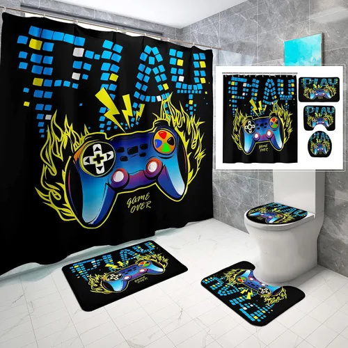 Juego de 4 Piezas de Cortina de Ducha Gaming para Baño, Cortina de Baño Gamer para Niños y Adolescentes, Cortinas de Controlador Gamepad con Tipo 1
