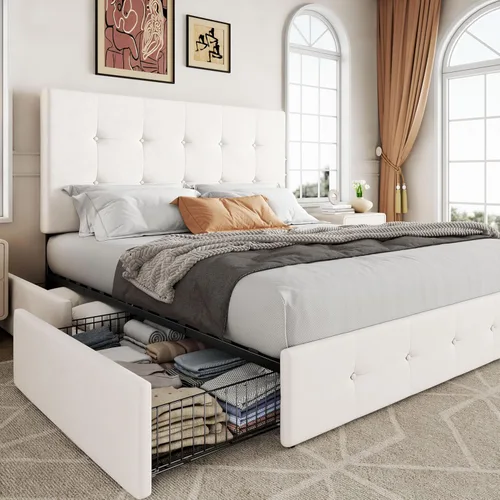 Miniatura 13 de Allewie - Base de cama tapizada de tamaño Full con plataforma, con 4 cajones de almacenamiento y cabecero, diseño cosido en cuadrados con botones
