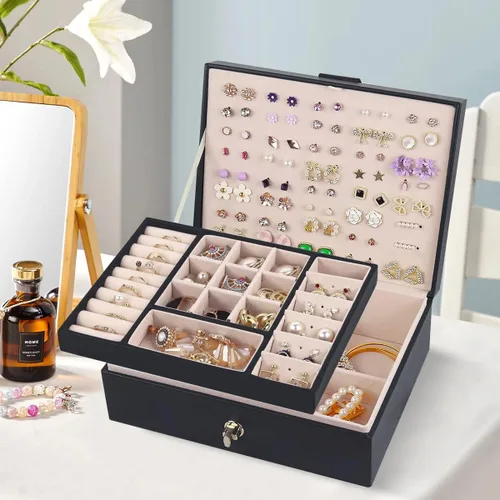 Miniatura 6 de Joyero organizador para mujer, organizador de aretes, cajas de almacenamiento de joyas multicapa, regalo ideal, aretes de piel sintética, caja