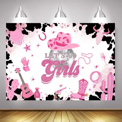 Miniatura 6 de Mocsicka Telón de fondo de discoteca de vaquera con texto en inglés «Let's Go Girls» (rosa, 8 x 6 pies (96 x 72 pulgadas)