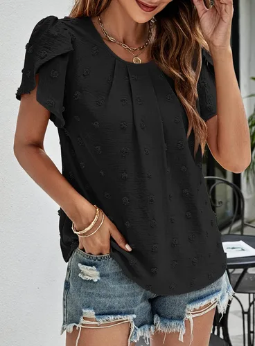 Miniatura 5 de Beaully Blusas de verano para mujer, estilo bohemio, de manga corta, cuello redondo, encaje de ganchillo, blusas de gasa