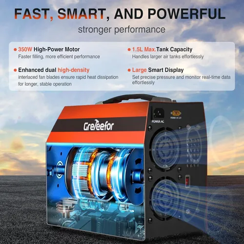 Miniatura 2 de Compresor de aire PCP 4500 PSI / 30 MPa, motor de 350 W, pantalla LCD, parada automática, sin agua/aceite, adaptador integrado de 600 W, 12 V CC