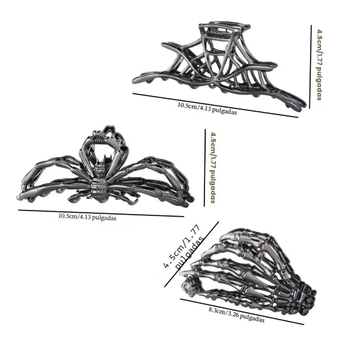 Miniatura 2 de 3 pinzas para el cabello en forma de garra con diseño de telaraña negra, mano de esqueleto y calavera para mujeres y niñas, de metal hiphop