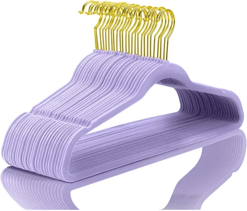 Miniatura 26 de MIZGI Perchas de terciopelo prémium (paquete de 50) resistentes y antideslizantes, perchas de terciopelo rosa rubor - ganchos dorados, perchas